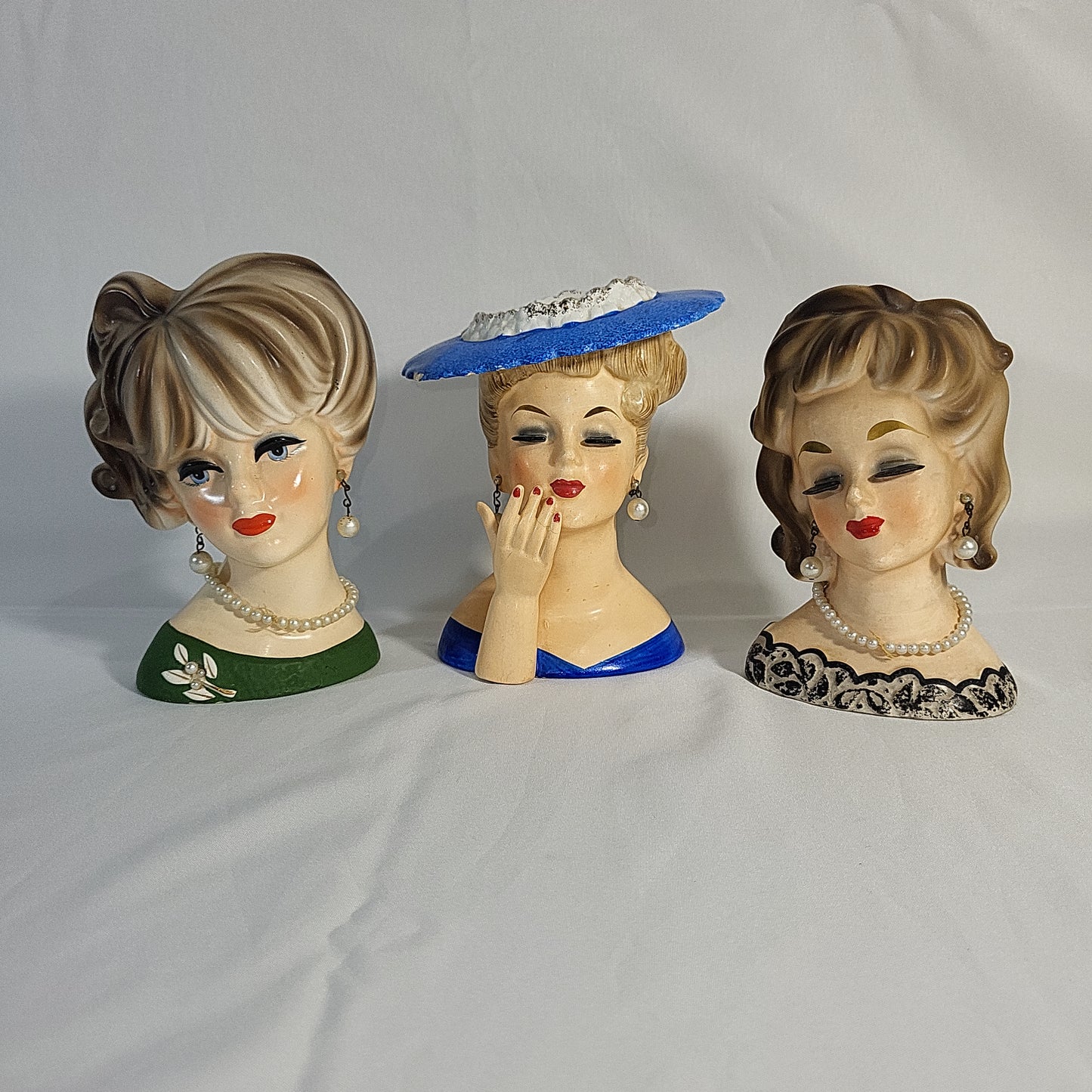 Napco & Enesco Lady Head Vases w Pearl Necklace and Earrings Made in Japan