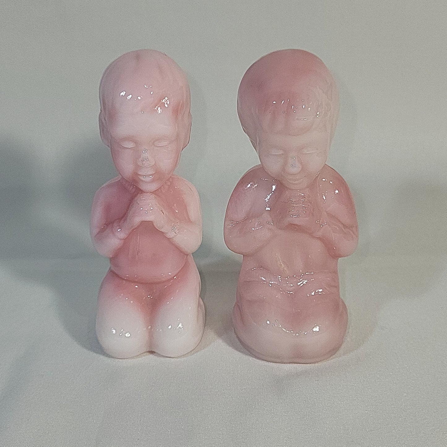 Fenton Glass Praying Girl & Boy Pink Rosaline Art Glass Figurines