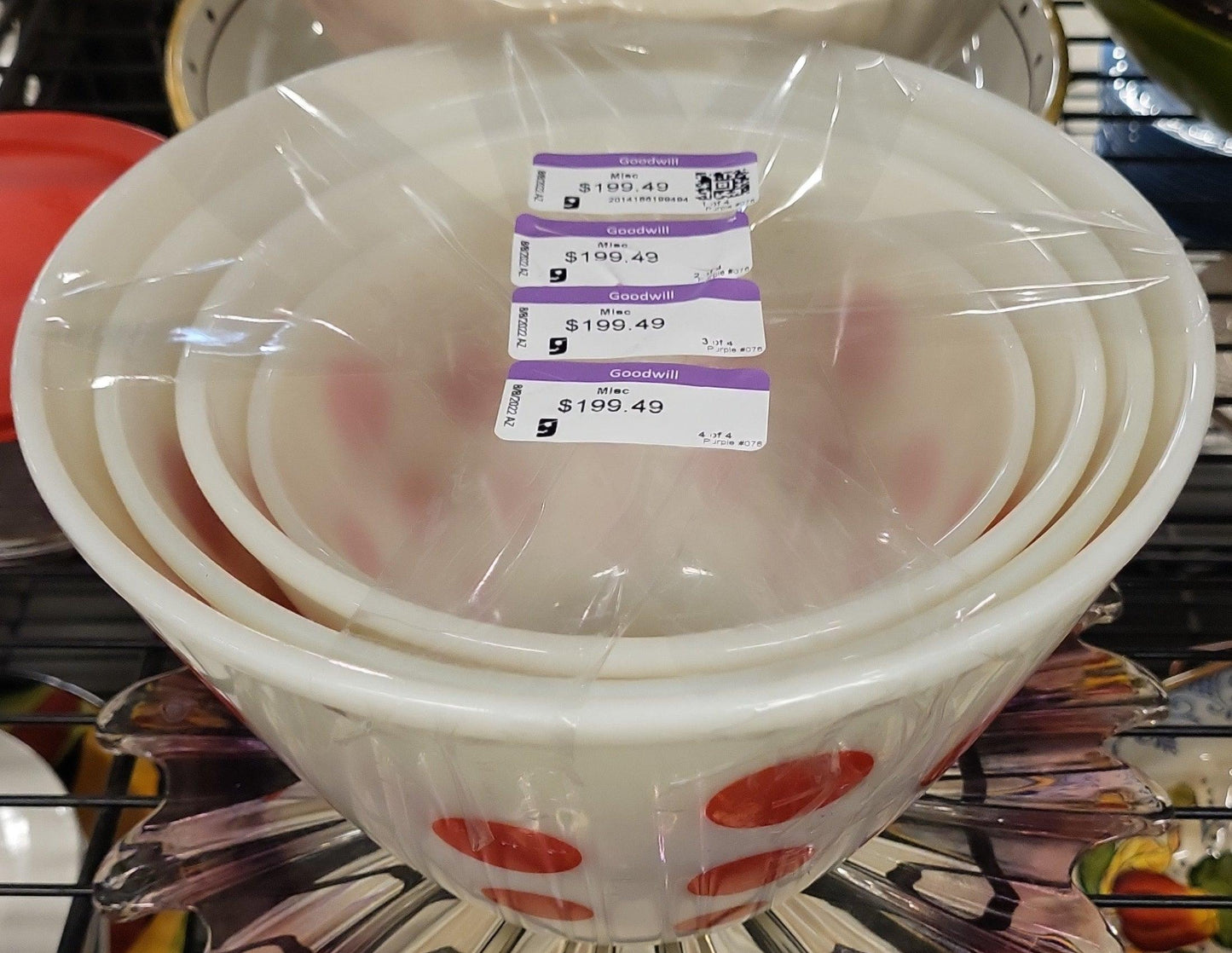 Fire-King Oven Ware Mixing Bowls, Red Dots on Ivory Milk Glass, Set of 4 - trèsBin