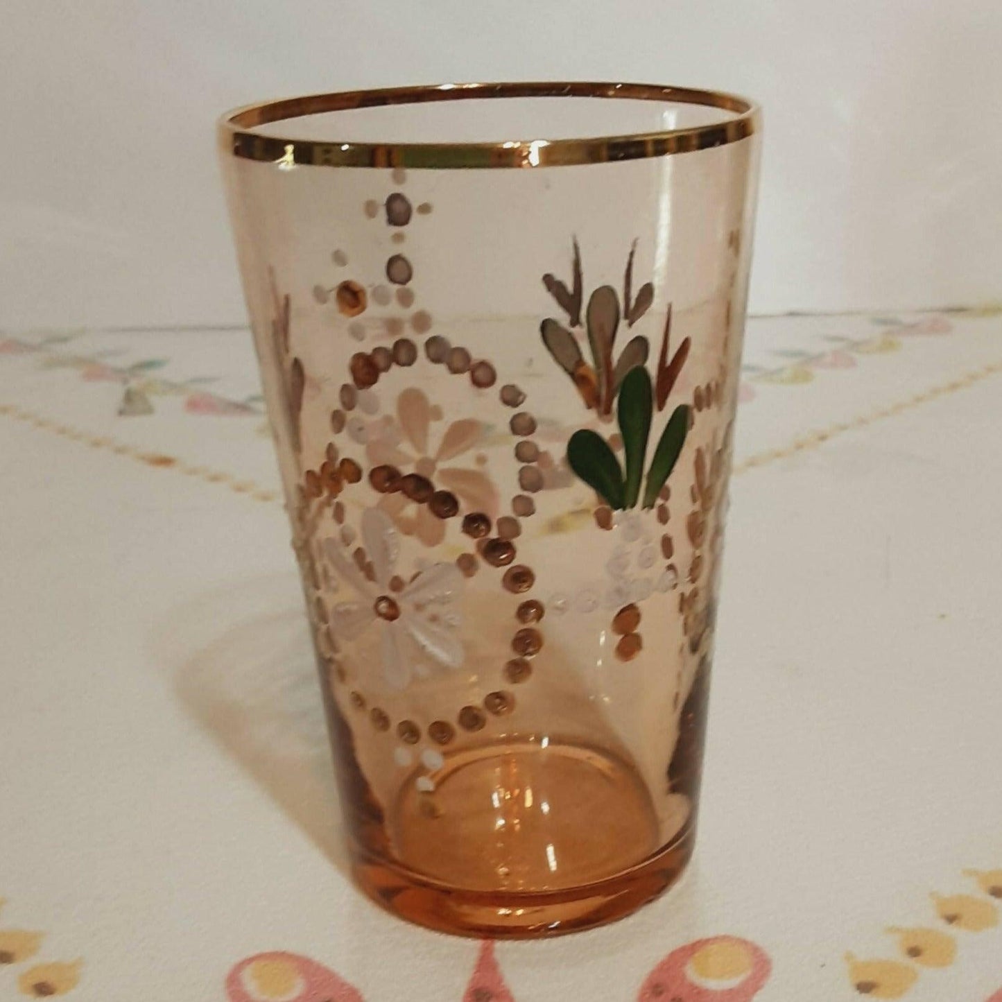 Vintage Northwood Glass Tumblers Hand Painted with Rack / Basket