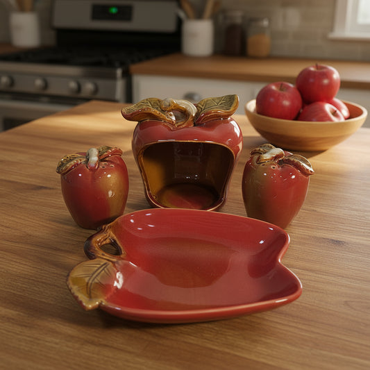 Ceramic Apple Salt & Pepper Shakers with Scrubber Holder and Soap Dish