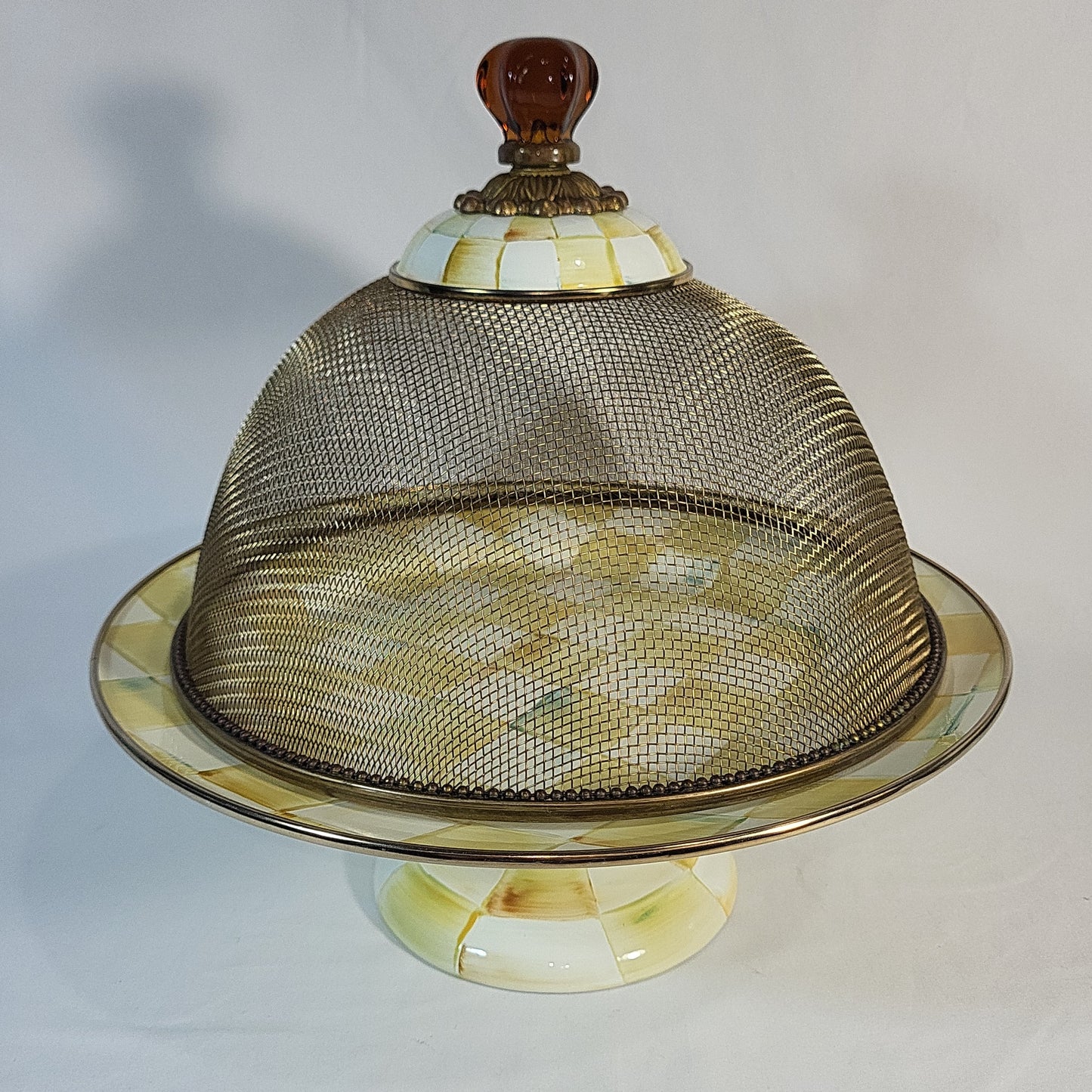 MacKenzie-Childs Parchment Check 12" Pedestal Platter with Mesh Dome Cover - Retired