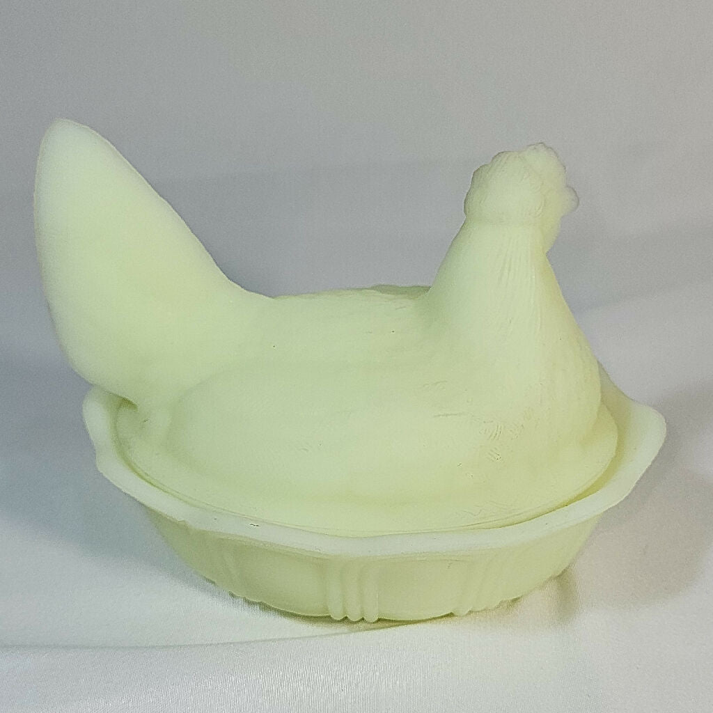 Fenton Satin Jadeite Uranium Glass Hen on Nest