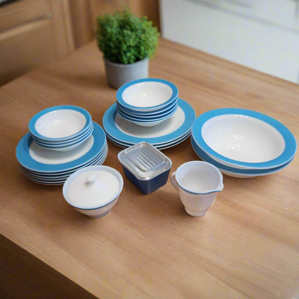 Pyrex Turquoise Rim Dinnerware Set 25pc