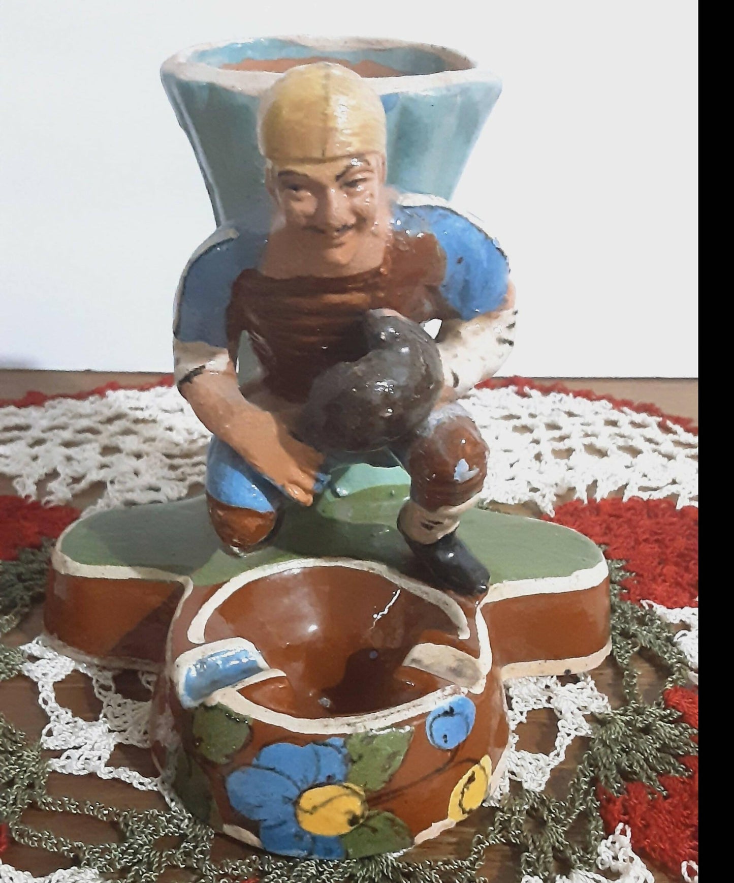 Rare Vintage Tlaquepaque Mexican Glazed Pottery 1940s Baseball Catcher Ashtray - trèsBin