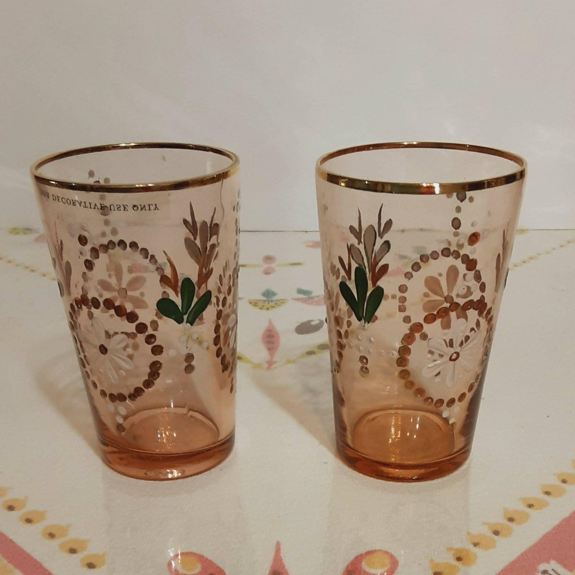 Vintage Northwood Glass Tumblers Hand Painted with Rack / Basket - trèsBin