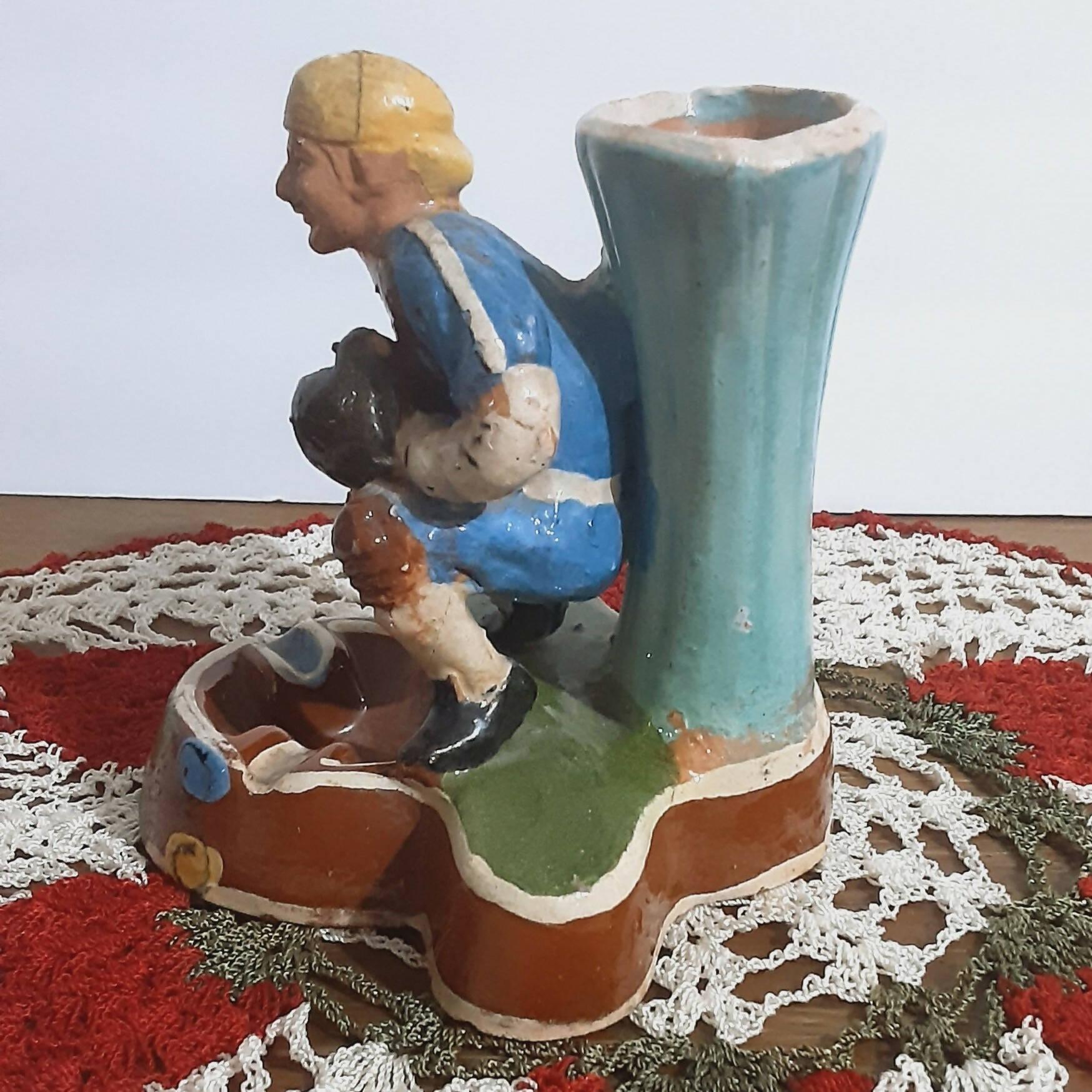 Rare Vintage Tlaquepaque Mexican Glazed Pottery 1940s Baseball Catcher Ashtray - trèsBin