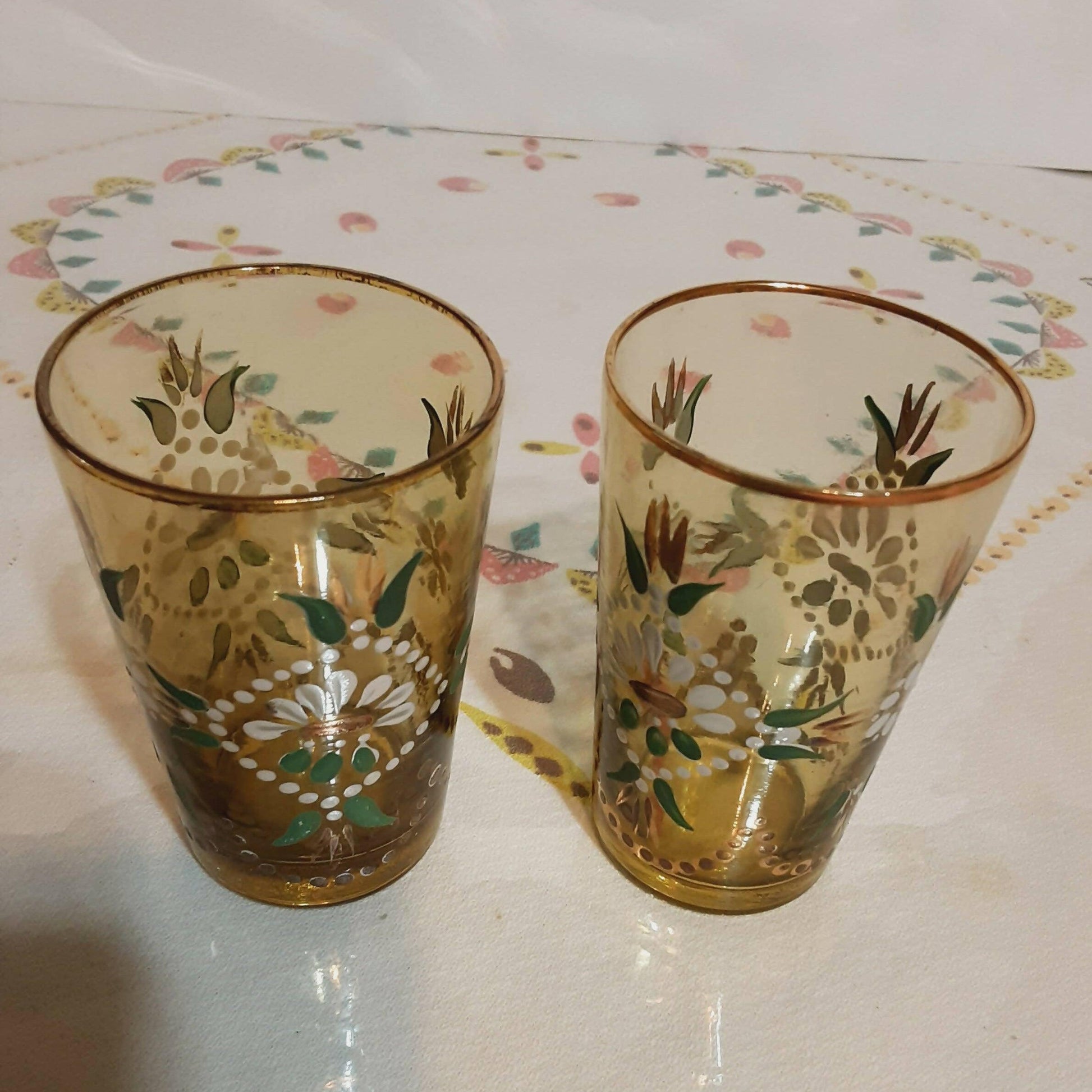 Vintage Northwood Glass Tumblers Hand Painted with Rack / Basket - trèsBin