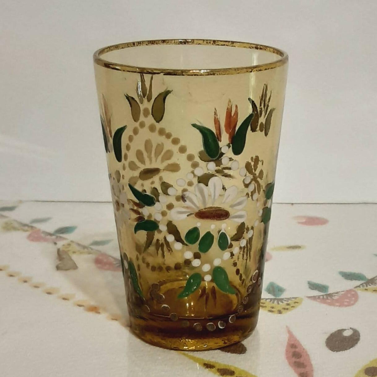 Vintage Northwood Glass Tumblers Hand Painted with Rack / Basket - trèsBin