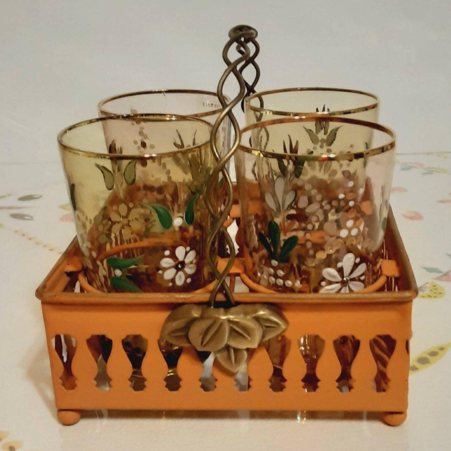 Vintage Northwood Glass Tumblers Hand Painted with Rack / Basket - trèsBin