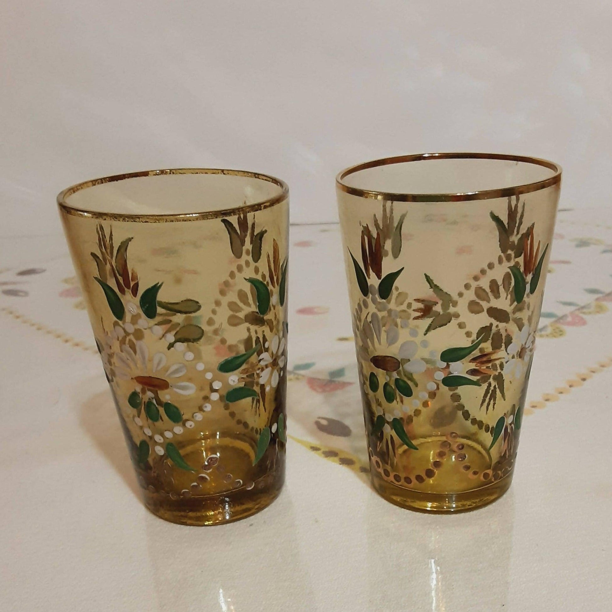 Vintage Northwood Glass Tumblers Hand Painted with Rack / Basket - trèsBin