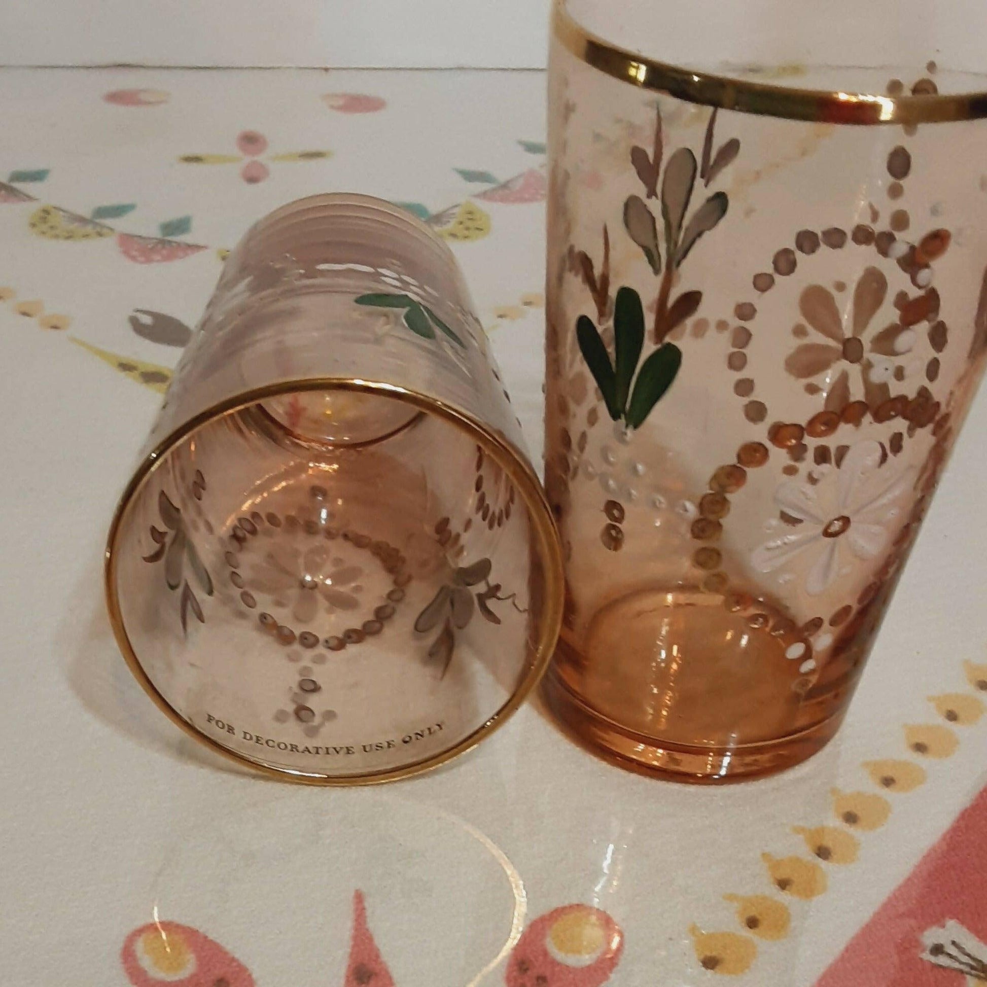 Vintage Northwood Glass Tumblers Hand Painted with Rack / Basket - trèsBin