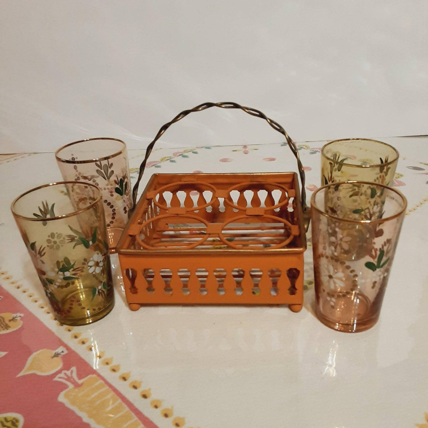 Vintage Northwood Glass Tumblers Hand Painted with Rack / Basket - trèsBin