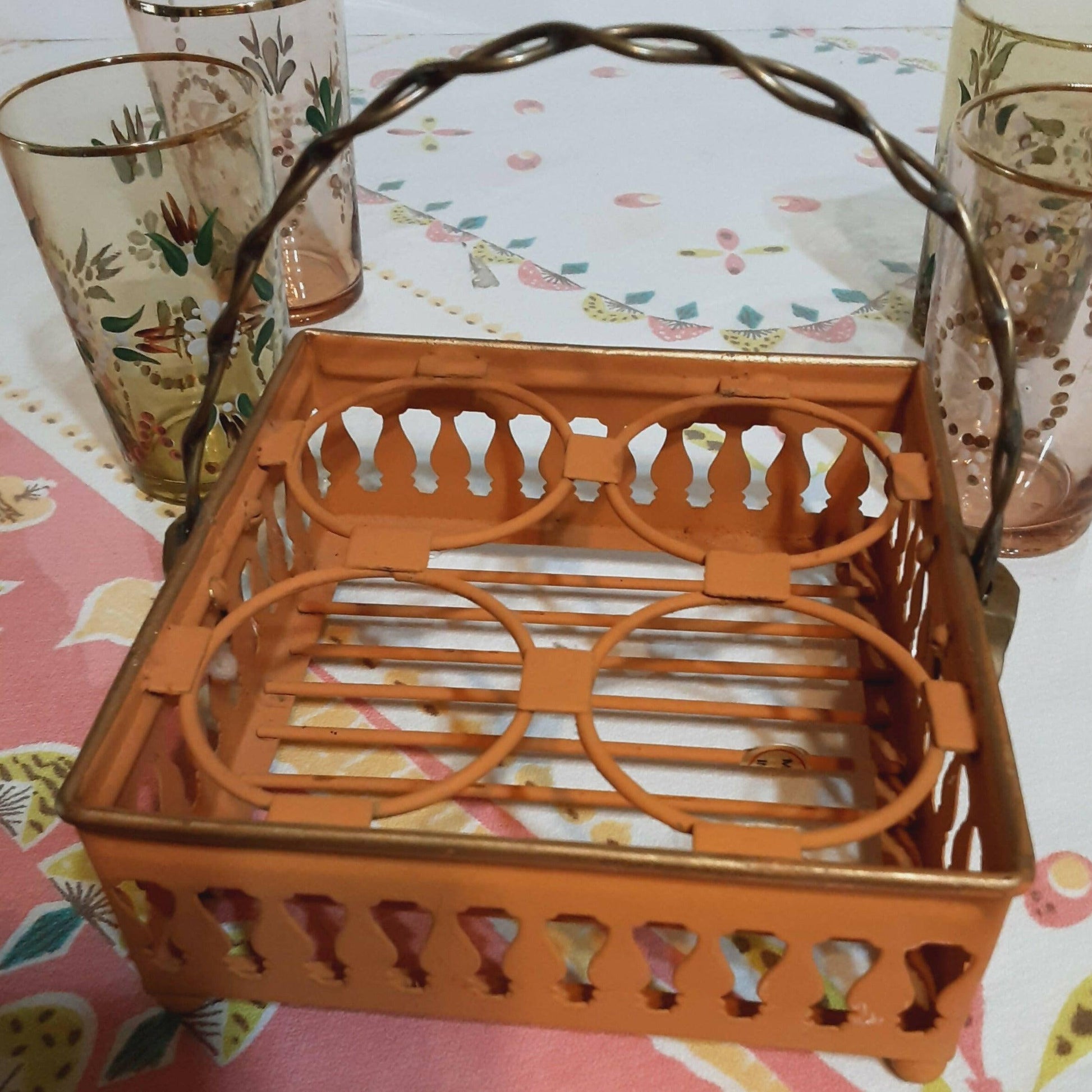 Vintage Northwood Glass Tumblers Hand Painted with Rack / Basket - trèsBin