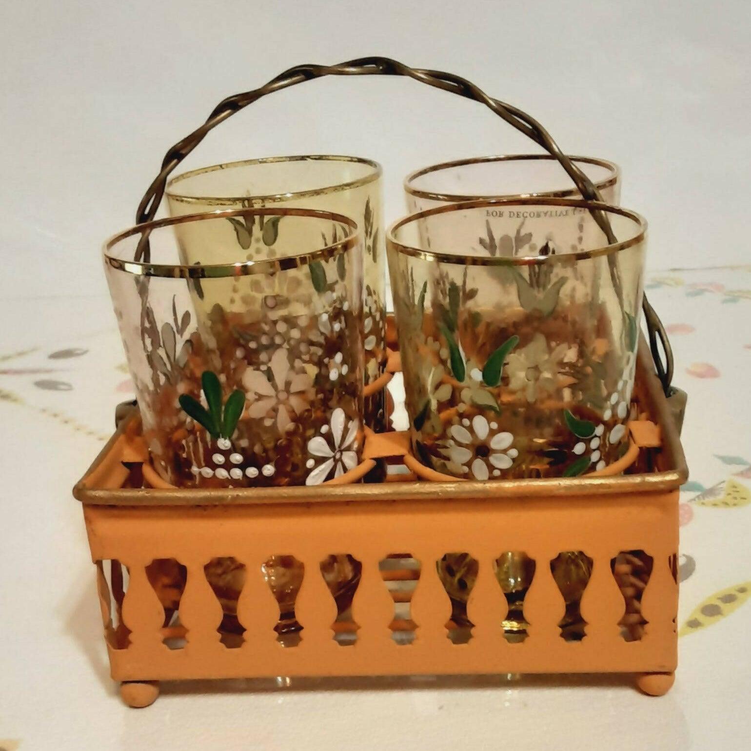 Vintage Northwood Glass Tumblers Hand Painted with Rack / Basket - trèsBin