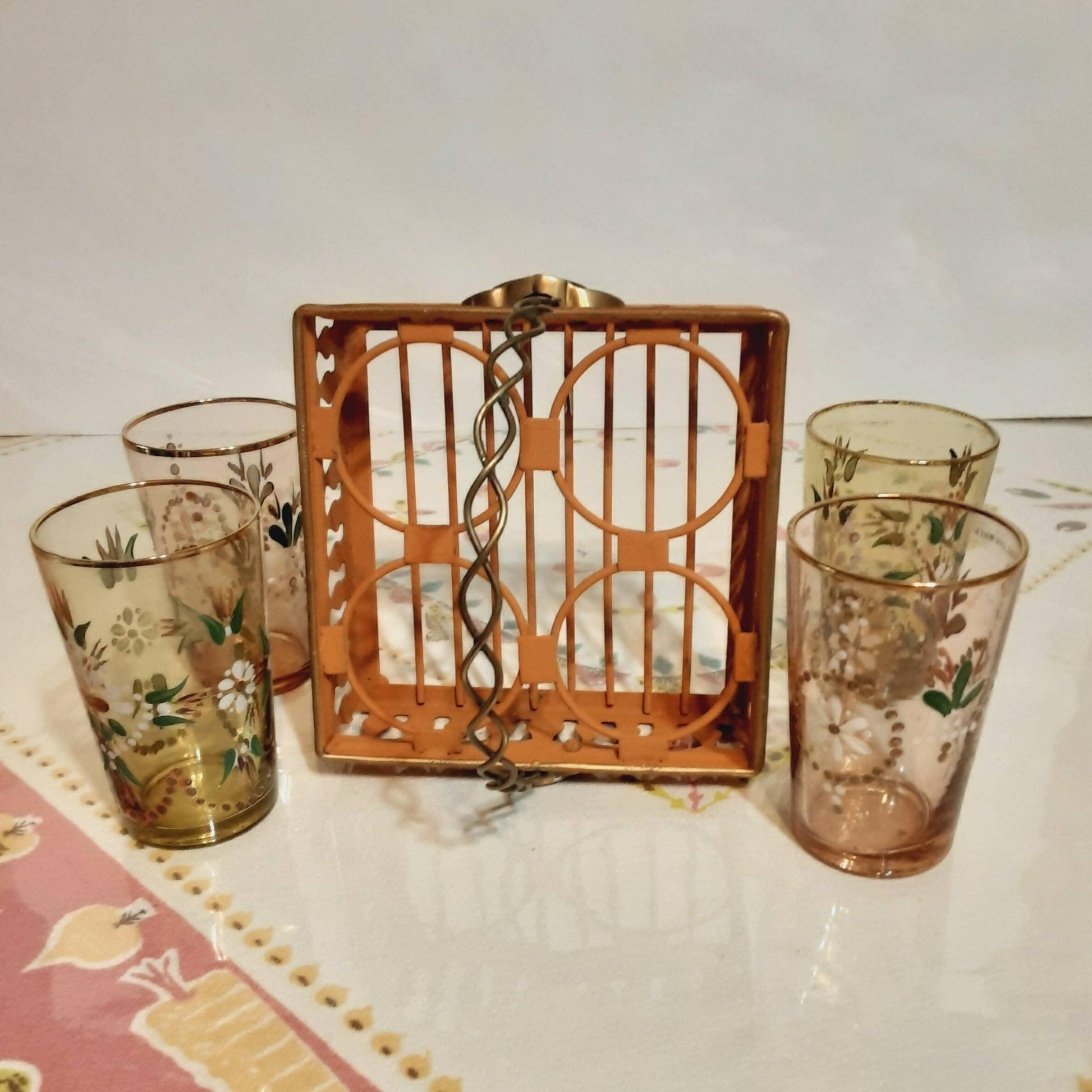 Vintage Northwood Glass Tumblers Hand Painted with Rack / Basket - trèsBin