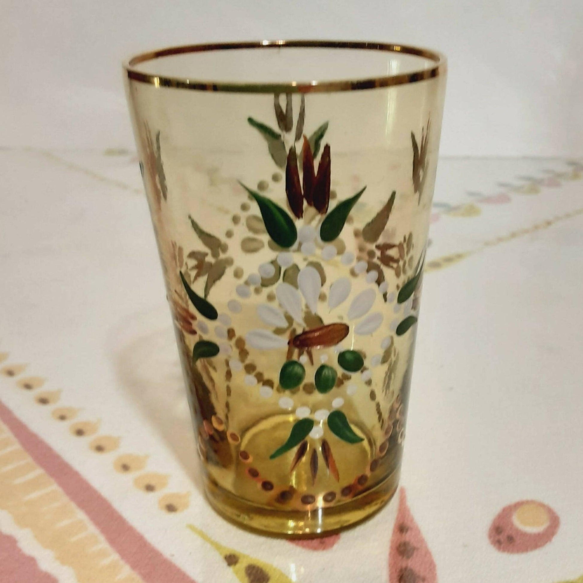 Vintage Northwood Glass Tumblers Hand Painted with Rack / Basket - trèsBin