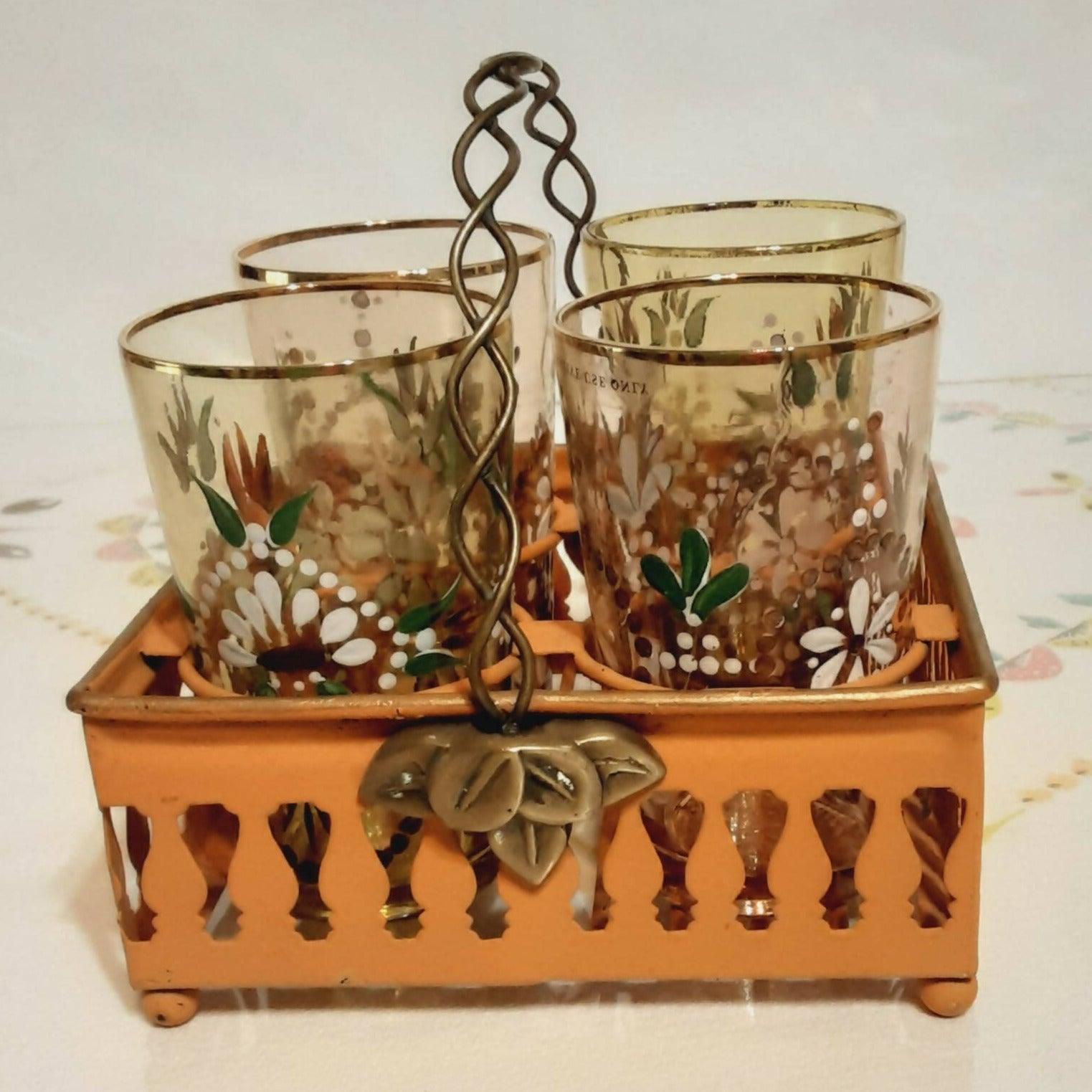 Vintage Northwood Glass Tumblers Hand Painted with Rack / Basket - trèsBin